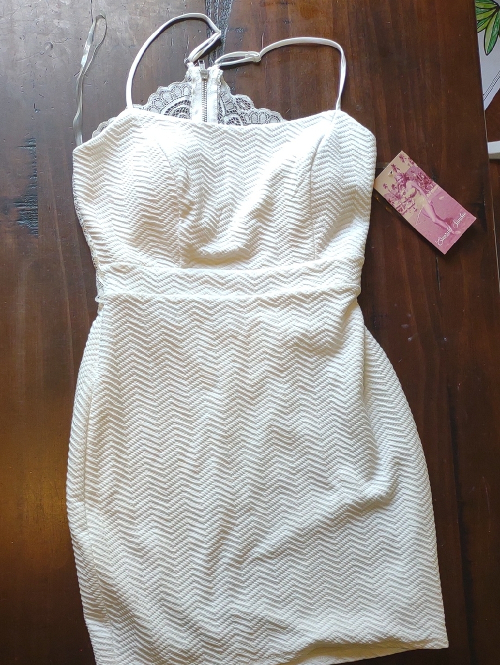 Emerald Sundae White Textured Lace-Back Mini Dress